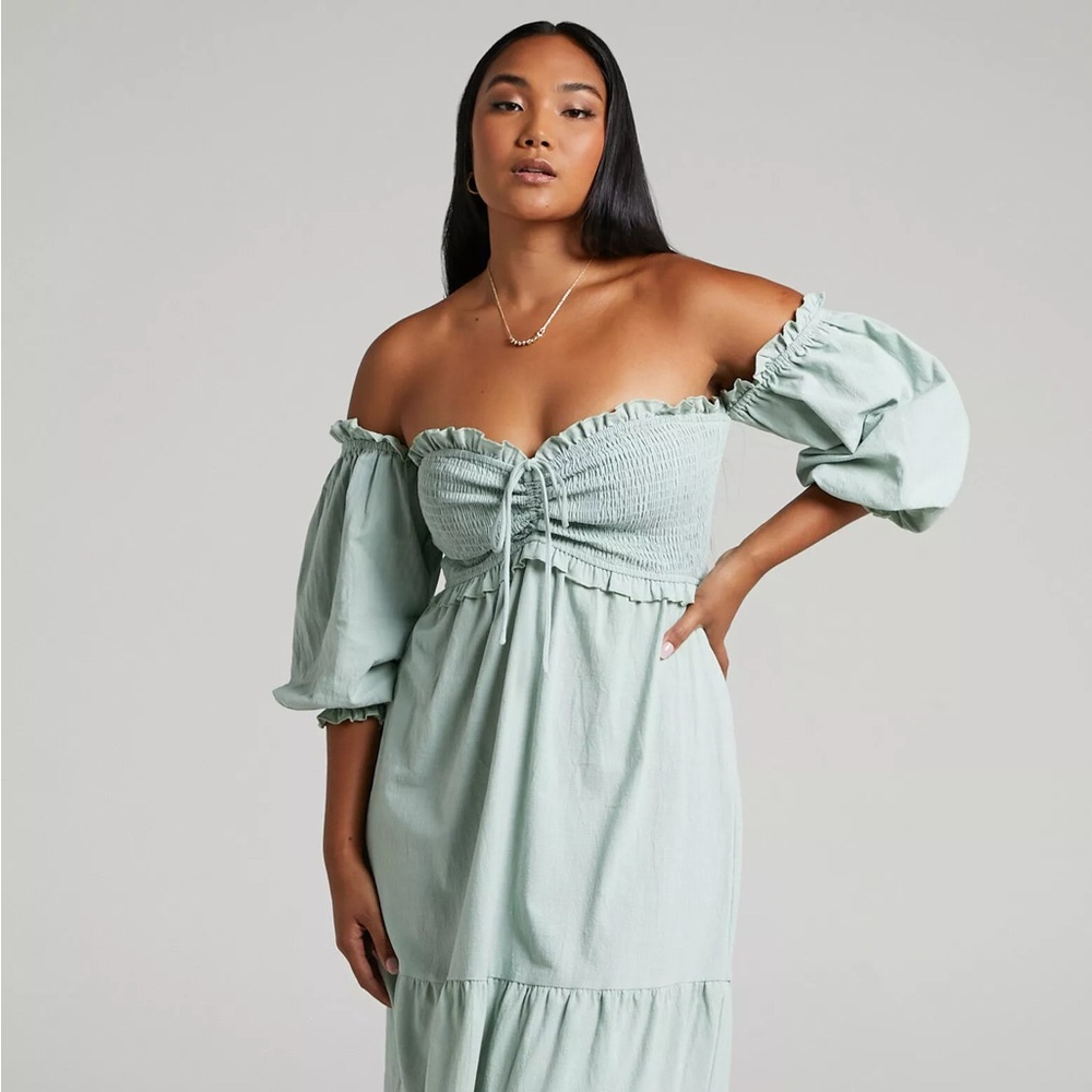 Showpo Off Shoulder Puff Sleeve Mini Dress Linen Cotton in Sage Green - 10